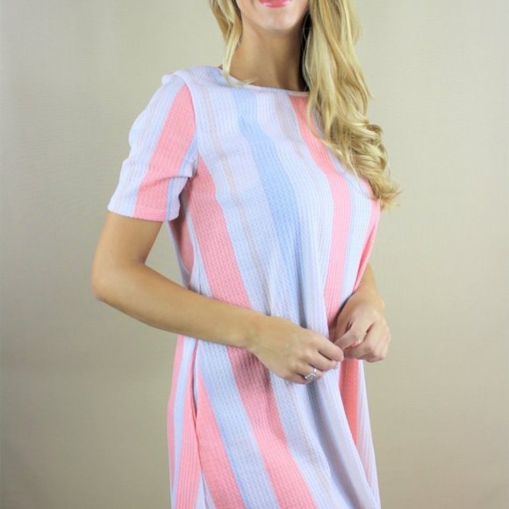 MISS 2 DAY Ladys Vertical Stripe Pockets Short Sleeve Crew Kneck Casual Dresses